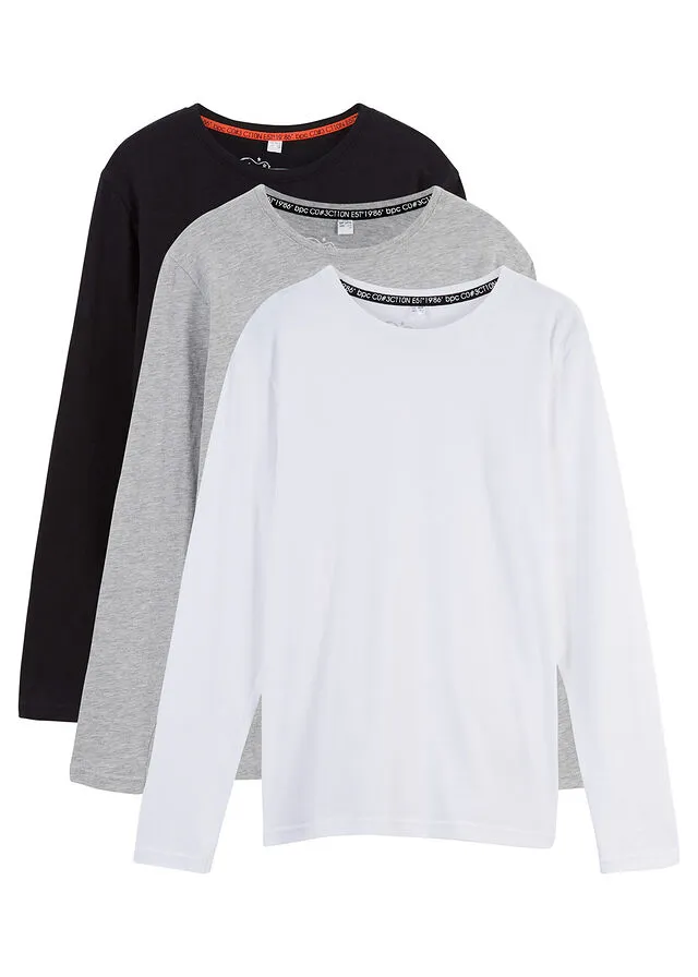 CAMISETA INFANTIL DE MANGA LARGA DE ALGODóN ORGáNICO (3 UNIDADES) NEGROGRIS CLARO JASPEADOBLANCO